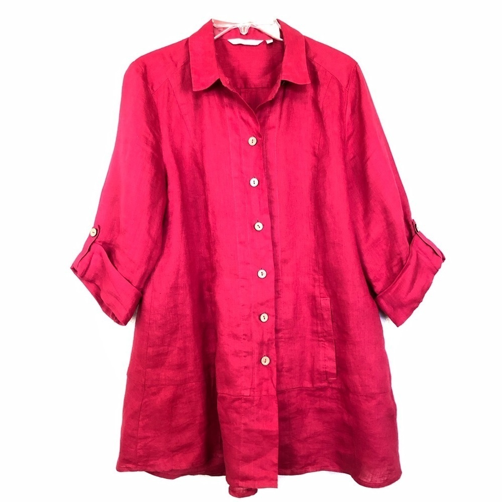 Soft Surroundings Red Linen Button Up Shirt Front Pockets Medium